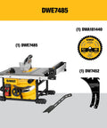 Compact Jobsite Table Saw DWE7485 featuring rack and pinion fence, 24.5in rip range, built heavy duty for daily tasks.