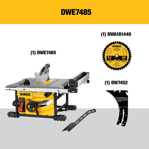 Compact Jobsite Table Saw DWE7485 featuring rack and pinion fence, 24.5in rip range, built heavy duty for daily tasks.