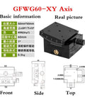 Diagram and image of Beefy Heavy Duty XY Axis Slide Table With Manual Arc Angle Adjuster, aluminum frame, 49N load capacity.