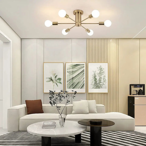 Gold Modern Sputnik Ceiling Light Chandelier With Six Heads Dope Semi Flush Mount Fixture For Living Room Bedroom Dining Kitchen And Office Space Modern Ceiling Lamp With Elegant Geometric Design And Symmetrical Light Spread