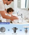 Solid Brass Universal Bathroom Sink Stopper With Pop Up Drain Strainer And Removable Filter Basket Hair Catcher used by a parent and child at a sink.