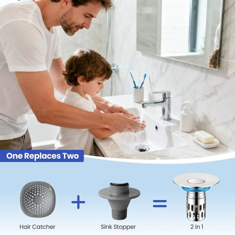 Solid Brass Universal Bathroom Sink Stopper With Pop Up Drain Strainer And Removable Filter Basket Hair Catcher used by a parent and child at a sink.