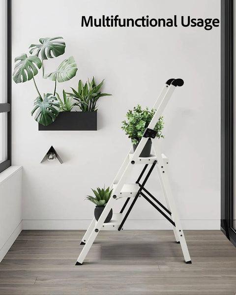 3 Step Aluminum Ladder Lightweight Foldable Stool Slick For Home Kitchen Library And Outdoor Use With 22.6 Inch Top Step, open in room