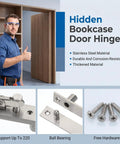 Rock Solid Stainless Steel Hidden Door Hinges Heavy Duty Pivot Hardware shown with bookcase door hinge and fasteners.