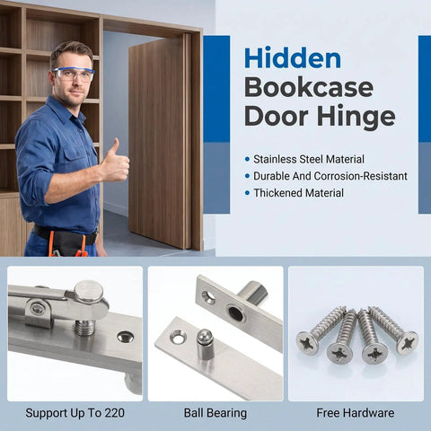 Rock Solid Stainless Steel Hidden Door Hinges Heavy Duty Pivot Hardware shown with bookcase door hinge and fasteners.