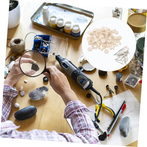 Hands using rotary drill with 120 Pcs Wool Polishing Wheels Set With Mandrel And Shank for metal and car detailing on crafting table.