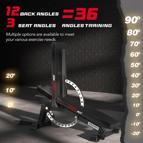 Beefy 1200 Pound Capacity Weight Bench With Leg Extension And Curl, angles shown, Bench3000 Max in adjustable position