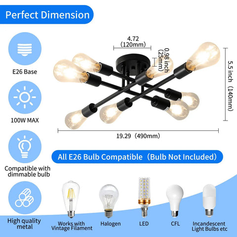 Eight Light Industrial Semi Flush Mount Ceiling Light Fixture In Matte Black With Farmhouse Close To Ceiling Style Modern Sputnik Chandelier For Kitchen Bedroom Living Room Dining Room Bathroom, dimensions 19.2 in wide.