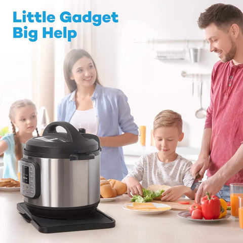 Family in kitchen with Extra Large Appliance Sliding Tray under Instant Pot on countertop for smooth moves and easy access