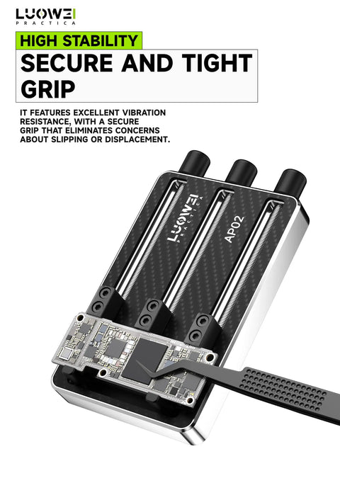 Rock Solid Carbon Fiber Motherboard Fixture Featuring Smooth Triaxial Screw Rods And A Hassle Free Universal Repair Clamp during BGA soldering.