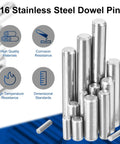 50 PCS 1.6Mm By 6Mm Stainless Steel Dowel Pins Kit For Shelves And Fasteners Silver Finish Durable Corrosion Resistant Hardware Assortment For DIY Projects And Repairs. Focus on corrosion resistance badges and stack of pins.