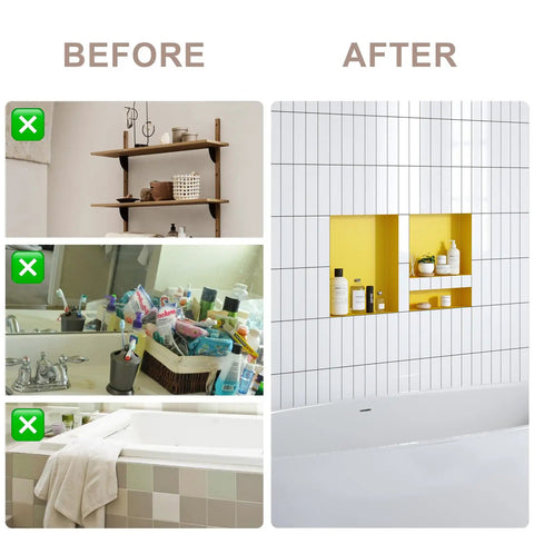 Before and after of Shower Niche Organizer Set For Tile Ready Bathrooms Durable ABS Recessed Shelf Two Pack with tidy results