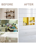 Before and after of bathroom with Shower Niche Tile Ready Organizer Set 32 By 20 Inches with yellow storage space.