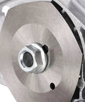 Close-up of stainless steel blade for transforming standard drill with sheet metal cutter attachment for DIY pros.