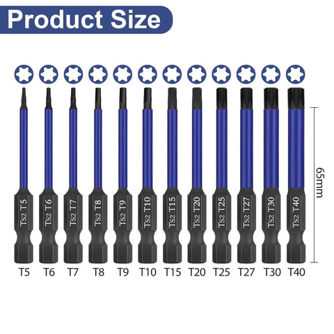 Rock Hard Impact Security Torx Bit Set Includes Twelve Premium S2 Steel Driver Bits 65mm shafts in various sizes T5-T40