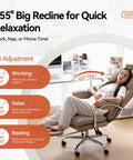 Woman reclining in a Reclining Office Chair With Footrest, Ergonomic High Back PU Leather Swivel Desk Chair With Wheels, Lumbar Support
