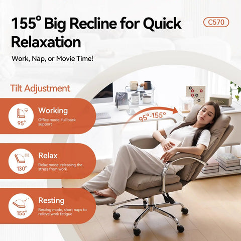 Woman reclining in a Reclining Office Chair With Footrest, Ergonomic High Back PU Leather Swivel Desk Chair With Wheels, Lumbar Support