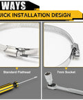 Two 4-inch stainless steel hose clamps with quick-screw worm gear; flathead and 7mm socket install views.