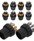 No Sweat 10 Piece Steam Cleaner Brush Head Replacement Kit Featuring Durable Steel And Copper Bristles For Crushing Deep Grime On Tile Floors And Commercial Shops Totally Stress Free, ten black brush heads with metal bristles.