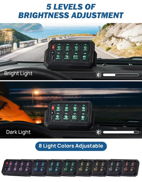 Wireless RGB 8 Gang Switch Panel With 5 Level Brightness For Offroad Lighting Control showing bright and dark settings
