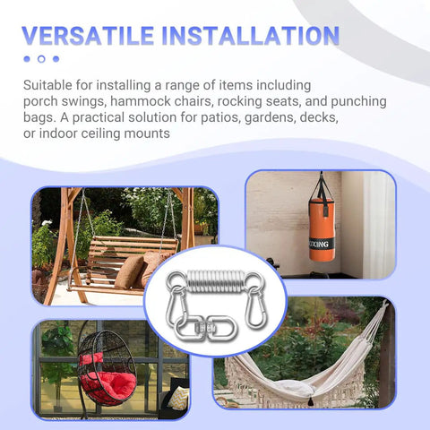 All In One Hanging Kit With Spring Shock Absorber And 360 Degree Swivel Hook for Porch Swing and Hanging Chair displayed on sofas and hammocks