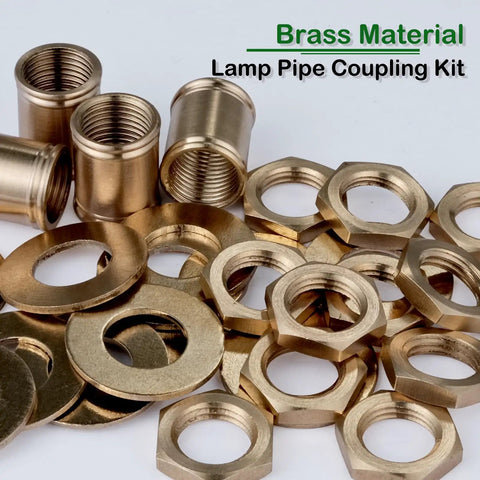 Total No Fuss Brass Lamp Hardware Set Featuring Snug Threaded Pipe Locknuts And Tough Rod Couplings For Easy Diy Lighting Assembly and Workshop Upgrades with brass nuts and couplings.