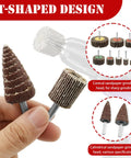 Close-up of 60 Piece Sandpaper Flap Wheel Kit With 80 Grit Flap Wheels And Quarter Inch Shank For Drill Use shown with conical and cylindrical heads.