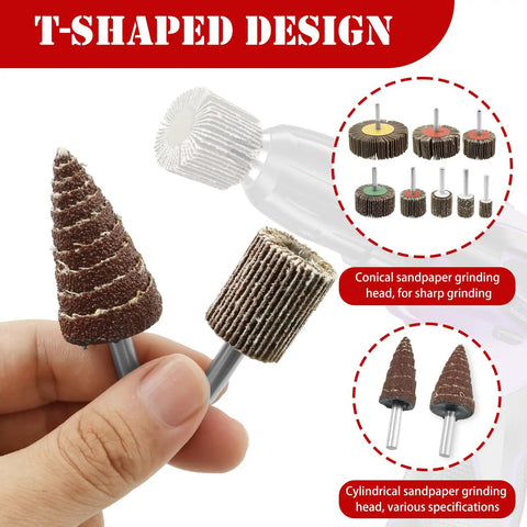 Close-up of 60 Piece Sandpaper Flap Wheel Kit With 80 Grit Flap Wheels And Quarter Inch Shank For Drill Use shown with conical and cylindrical heads.