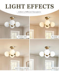 Antique Brass 4 Light Ceiling Light With Frosted Glass Globes showing various light effects in a room