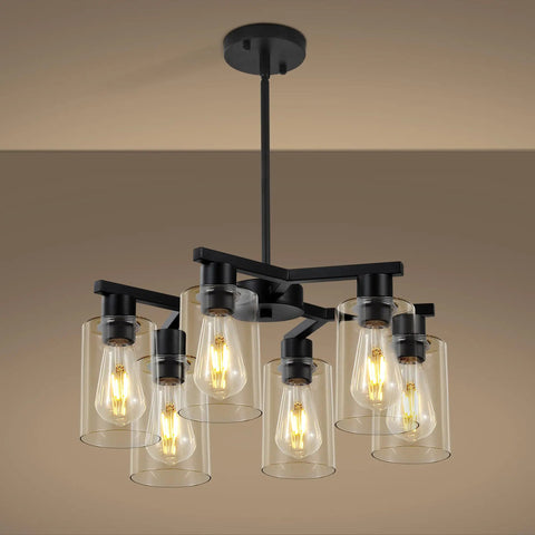 Six Light Matte Black Modern Farmhouse Chandelier With Clear Glass Shades Adjustable Hanging Industrial Pendant Lighting