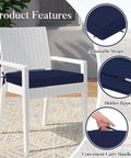 Ultra Comfort Outdoor Chair Cushions 19x19 Set Of 4 Navy Blue Waterproof Seats With Ties And Handle, on white wicker chair.