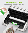Open Pro Grade Heavy Duty Food Vacuum Sealer with Easy Lock Handle, built-in cutter, green bag-mouth clamp insert shown.