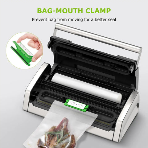 Open Pro Grade Heavy Duty Food Vacuum Sealer with Easy Lock Handle, built-in cutter, green bag-mouth clamp insert shown.