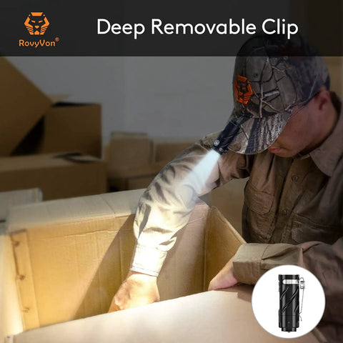 Man using S23 Powerful Rechargeable Flashlight With 4000 Lumens Turbo Output USB C Charging EDC Portable Light Twist Switch Magnetic Tail Gunmetal Finish For Hiking Camping And Search Missions, illuminating a box.