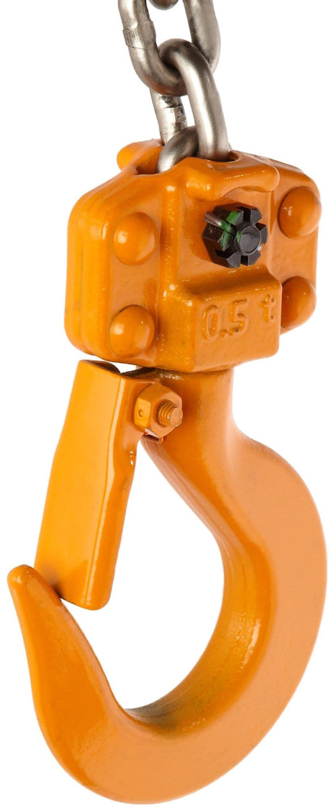 CF Hand Chain Hoist Hook Mount Built Tough For Real World Jobs, 1/2 Ton Capacity, showing orange hook and chain detail angle