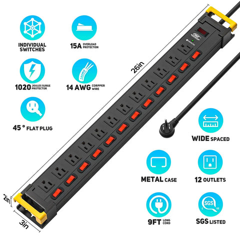 Image of 12 Outlet Metal Power Strip With Individual And Master Switches, 15 Amp 1875 Watt Heavy Duty Surge Protector, 9 Foot Cord, Wall Mount.