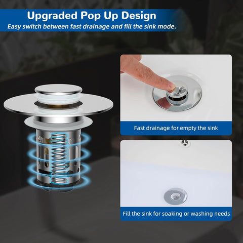 Hibbent chrome 3-in-1 bathroom sink drain with pop-up stopper and removable filter basket.