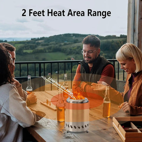Group enjoying outdoor gathering with Smokeless Tabletop Fire Pit For Outdoor Use, Portable Mini Fire Pit Stove on table.