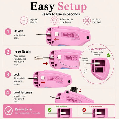 Easy setup guide for Handheld Stitch Gun For Clothes Featuring No Sew Hemming And Tagging With Six Strong Needles And Two Thousand Micro Fasteners.