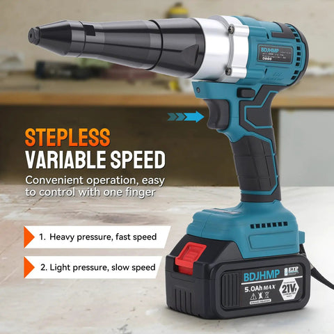 Portable Cordless Brushless Rivet Gun With Automatic Operation, side view showing variable speed feature, 5.0Ah battery.