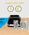 Portable Mini Money Counter And Counterfeit Detector With MG IR Image And Paper Quality Size Thickness Detection showing USD/EUR support.