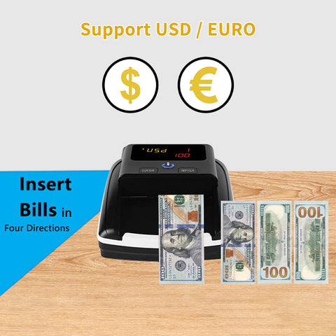 Portable Mini Money Counter And Counterfeit Detector With MG IR Image And Paper Quality Size Thickness Detection showing USD/EUR support.