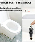 Universal Toilet Seat Bolts And Hinge Kit 4 Pack With Top Mount Screws Expanding Rubber Nuts Stainless Washers For 14 To 16 Mm Holes Easy DIY Replacement For Most Standard Toilets, shown installed on a toilet.