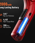 Katerk 4.4V Cordless Electric Scissors & Cardboard Cutter With 2pcs Blades showing 2000mAh battery and cutting capacity info.