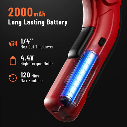 Katerk 4.4V Cordless Electric Scissors & Cardboard Cutter With 2pcs Blades showing 2000mAh battery and cutting capacity info.