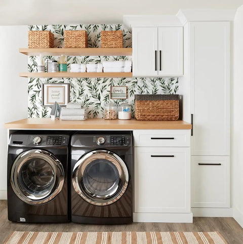 Laundry room with Green Leaf Peel And Stick Wallpaper Olive Leaf Contact Paper Easy Peel And Stick Self Adhesive Vinyl Roll 17.7 Inch By 118.1 Inch Ideal For Bathroom And Home Renovation Modern Farmhouse Neutral Sage Decor on wall.