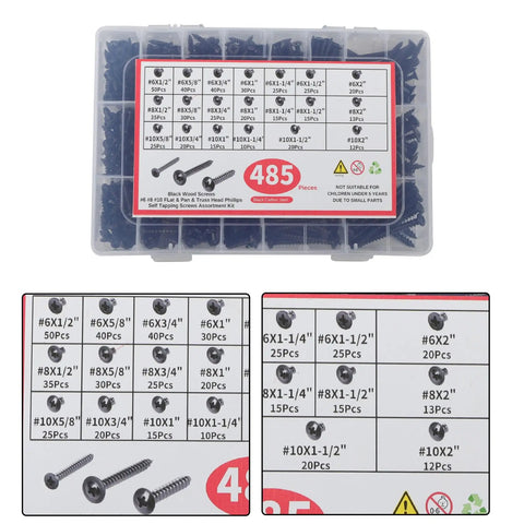 Black Wood Screw Kit, 485-Piece Assortment With Pan Head, Truss Head, And Flat Head Screws, 20 Size Options For Wood And Plastic, DIY Ready High-Precision Threads For A Strong, Long-Lasting Hold., black carbon steel screws in labeled storage case