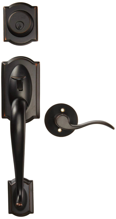 Camelot Inactive Handleset With Accent Left Handed Lever In Aged Bronze, Dummy Door Lockset Without Function, front view