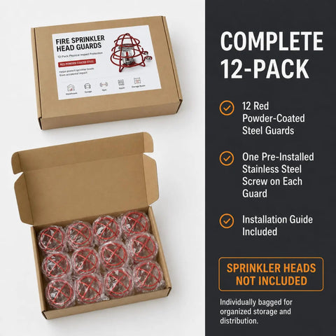 Fire Sprinkler Head Guards For Exposed Half Inch Heads Amp Up Your Rig With Durable Steel Guards Showcasing A Slick Red Powder Coat Finish 12 Pack in a box showing twelve wrapped guards.
