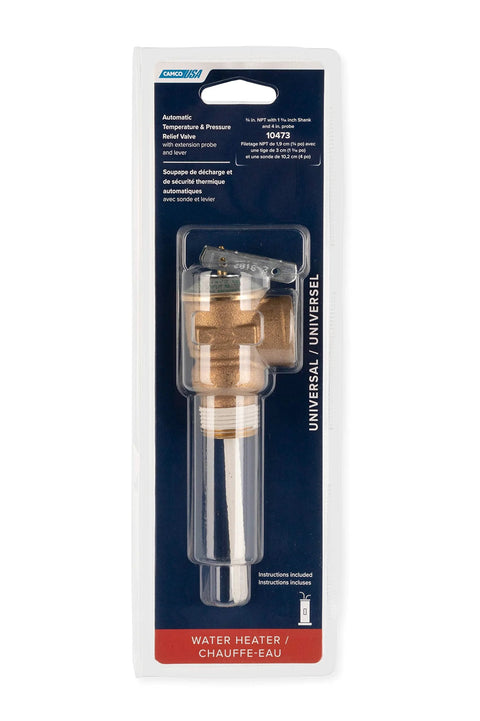 Camco auto temperature and pressure relief valve with extension probe and lever; brass body with stainless steel spring.